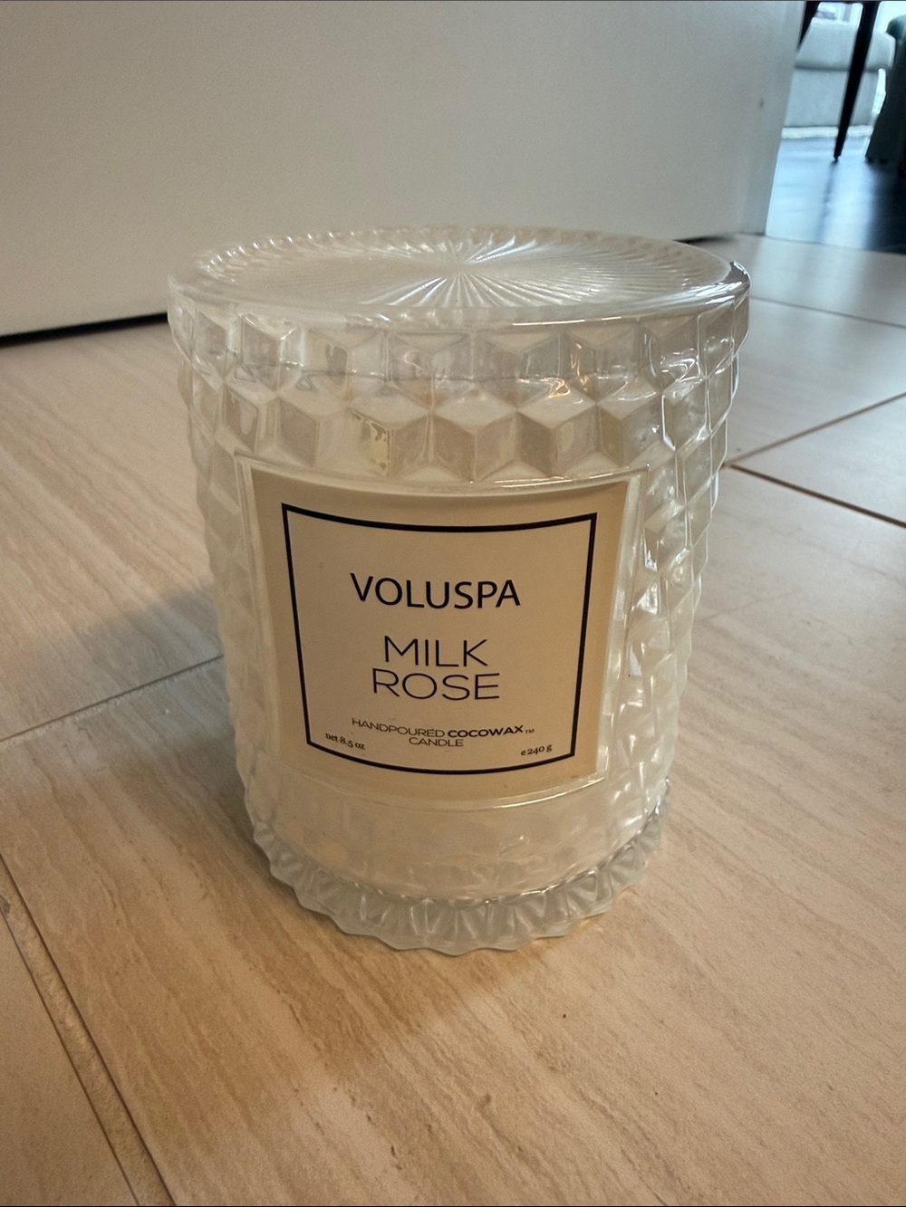 Voluspa Milk Rose Candle in Textured Cream Glass Jar
